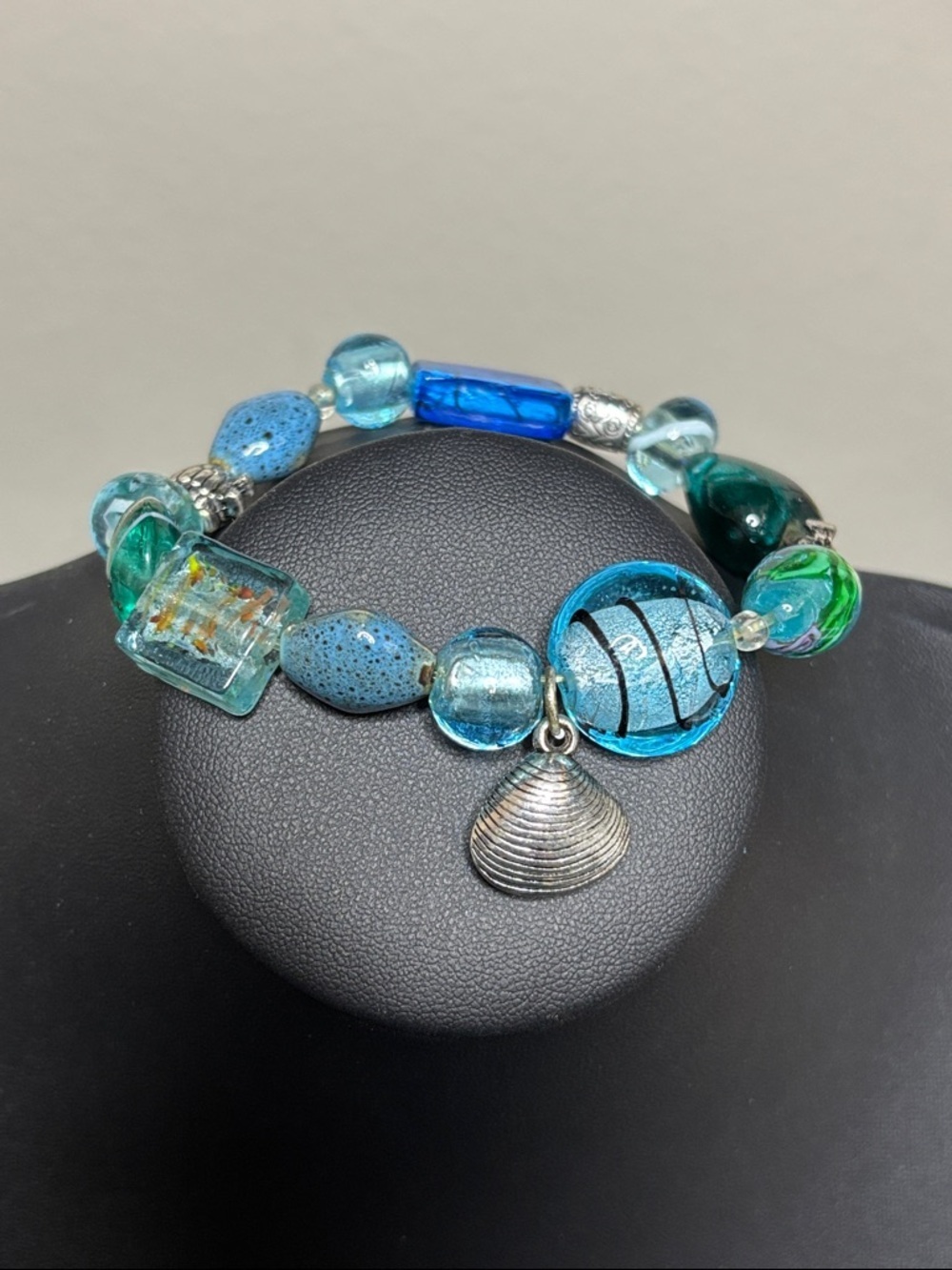 Blue Glass Bead Nautical Turtle Fish Shell Charm Stretch Bracelet Jewelry